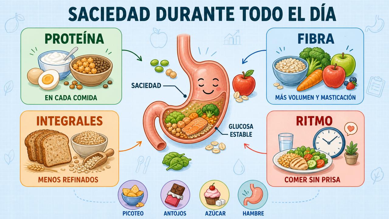 Proteína, fibra, integrales y ritmo al comer mejoran la saciedad diaria.