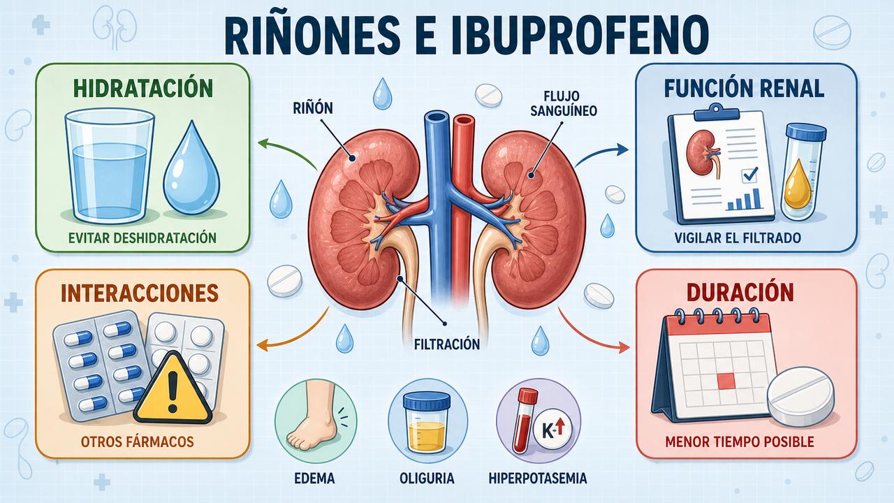 Hidratación, función renal, interacciones y duración marcan el riesgo con ibuprofeno.