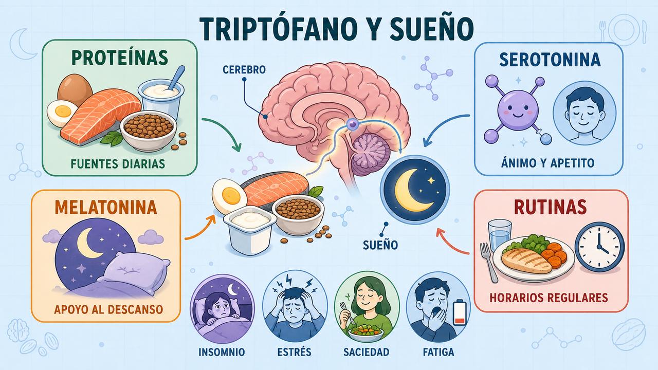 Proteínas, serotonina, melatonina y rutinas explican el papel del triptófano.