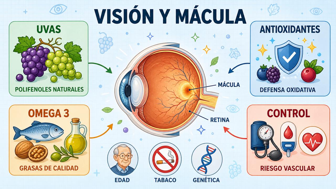 Uvas, antioxidantes, omega 3 y control vascular apoyan la salud ocular.
