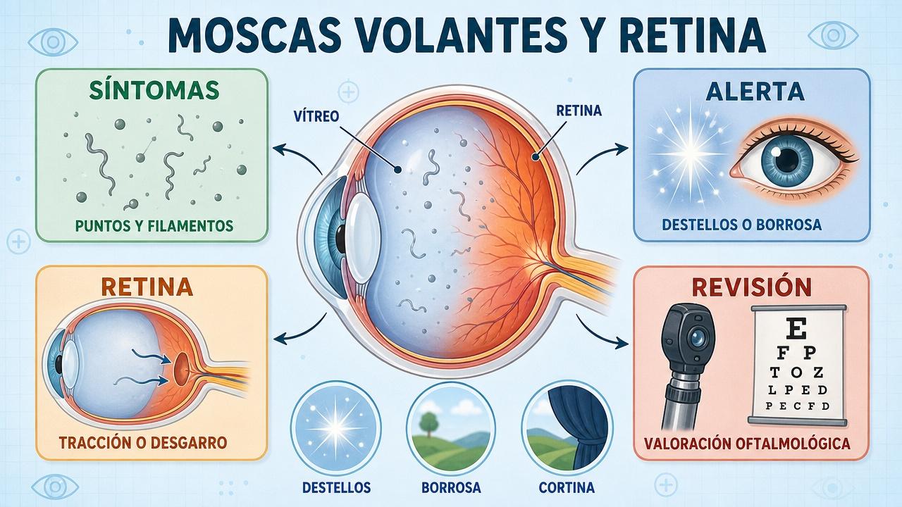 Síntomas, señales de alarma, retina y revisión oftalmológica ante moscas volantes.