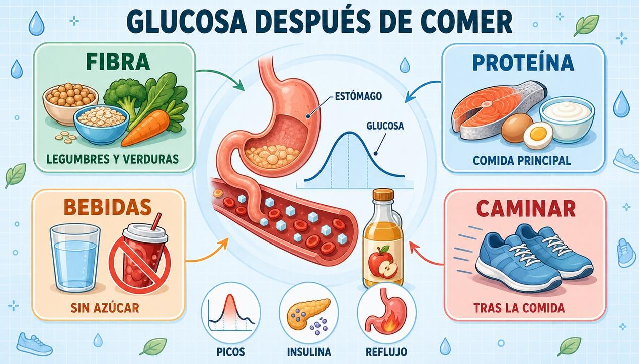 Fibra, proteína, bebidas sin azúcar y caminar ayudan a controlar la glucosa.