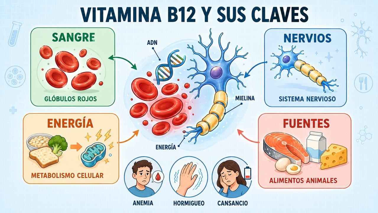 Infografía sobre sangre, nervios, energía y fuentes alimentarias de vitamina B12.