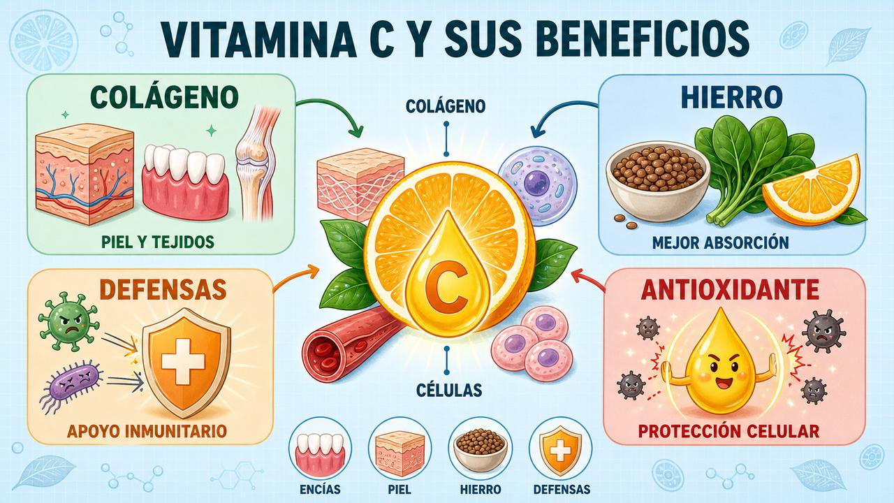 Colágeno, hierro, defensas y antioxidantes resumen las funciones clave de la vitamina C.