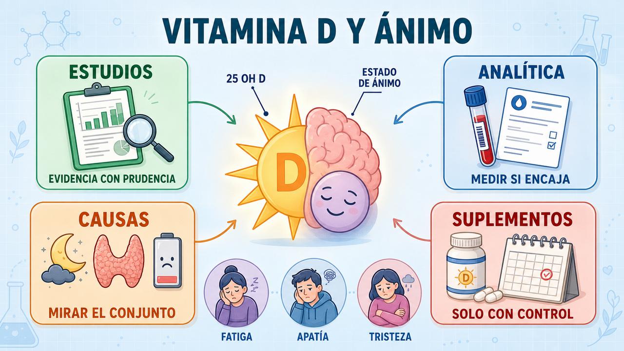 Evidencia, analítica, causas y suplementación prudente en vitamina D y estado anímico.
