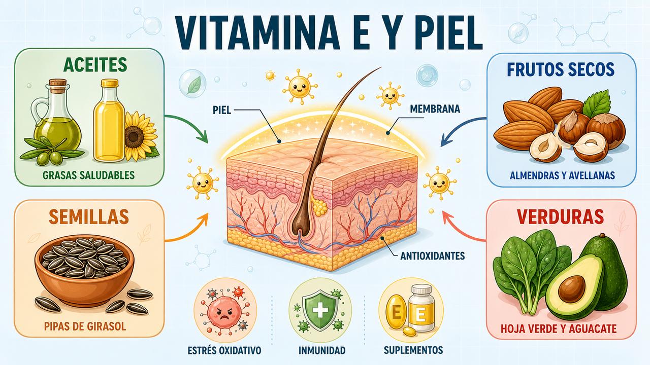 Aceites, frutos secos, semillas y verduras aportan vitamina E en la dieta.
