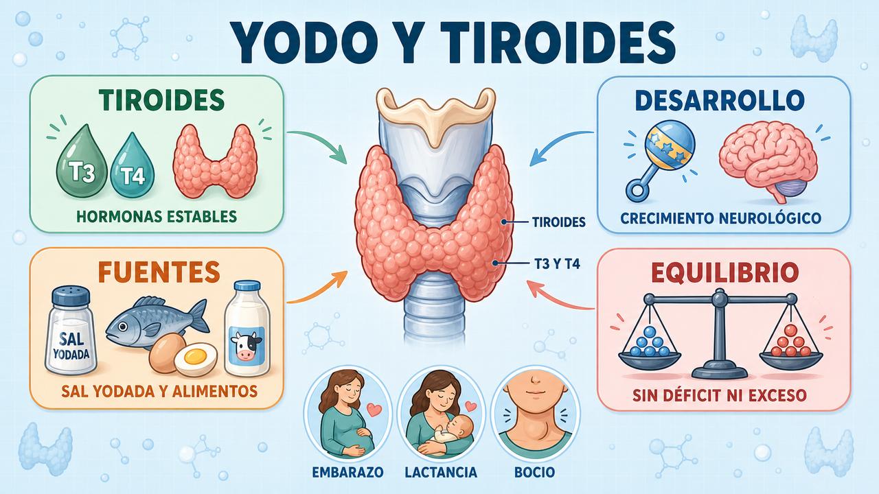Tiroides, desarrollo, fuentes alimentarias y equilibrio del yodo en una infografía.