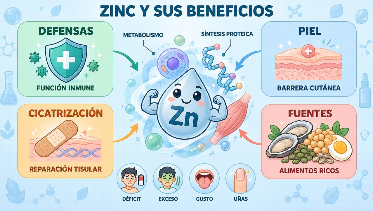 Defensas, piel, cicatrización y fuentes alimentarias resumen las funciones clave del zinc.