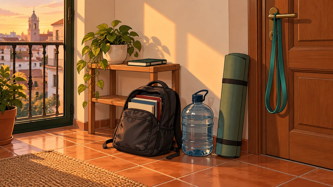 Mochila con peso, garrafa, esterilla y banda elástica listas junto a la puerta para entrenar en casa.