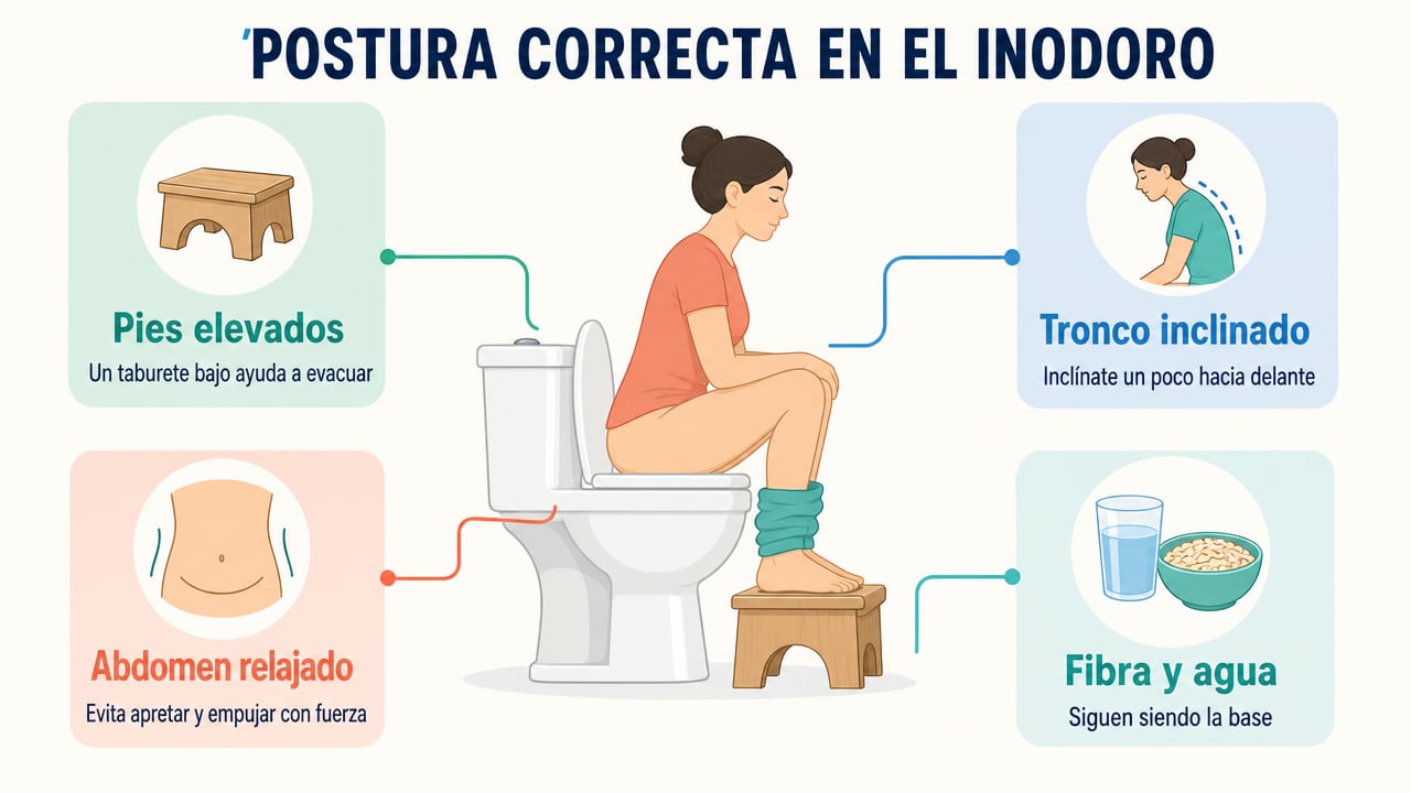Pies elevados, tronco inclinado, abdomen relajado y fibra con agua mejoran la postura al evacuar.