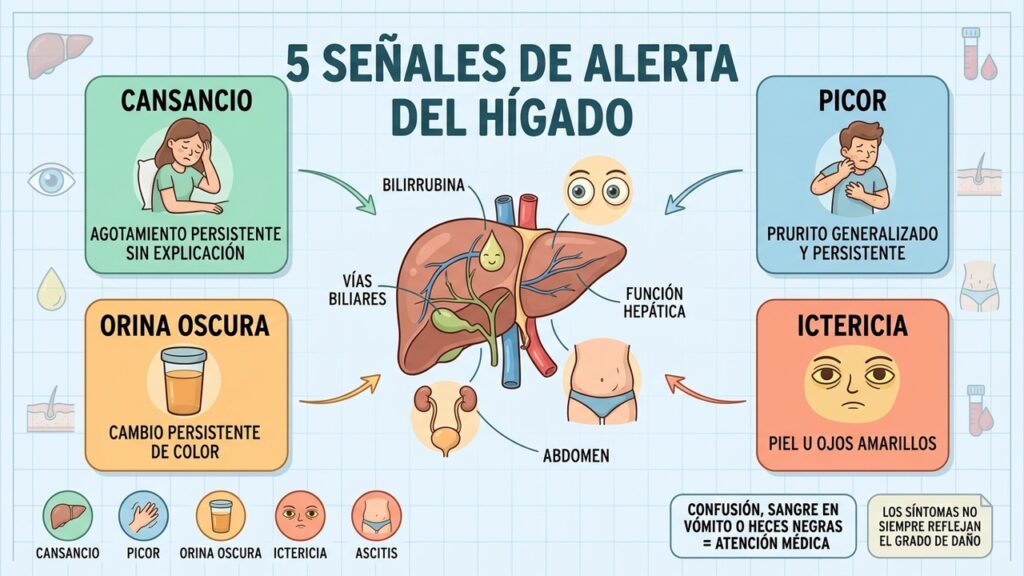 Ictericia, picor, orina oscura y cansancio pueden justificar una evaluación del hígado.