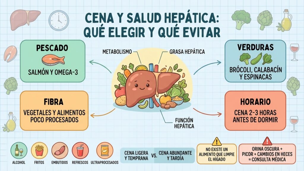 Una cena ligera con pescado y verduras puede formar parte del cuidado diario del hígado.