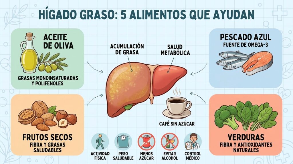 Aceite de oliva, pescado azul, frutos secos, verduras y café favorecen la salud hepática.