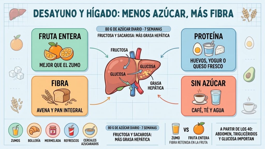 Cambiar el zumo por fruta entera y reducir el azúcar puede favorecer la salud hepática.