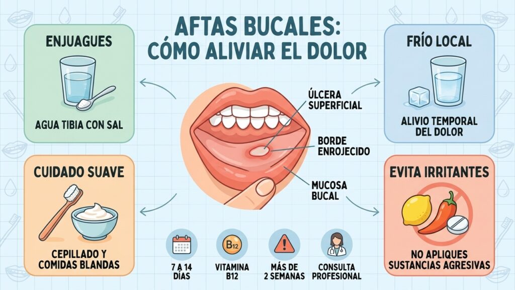 Enjuagues suaves, frío local y alimentos blandos ayudan a aliviar las aftas sin irritarlas.