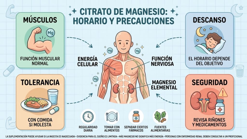 Horario regular, dosis adecuada, fuentes alimentarias y revisión de medicamentos ayudan a usar magnesio con prudencia.