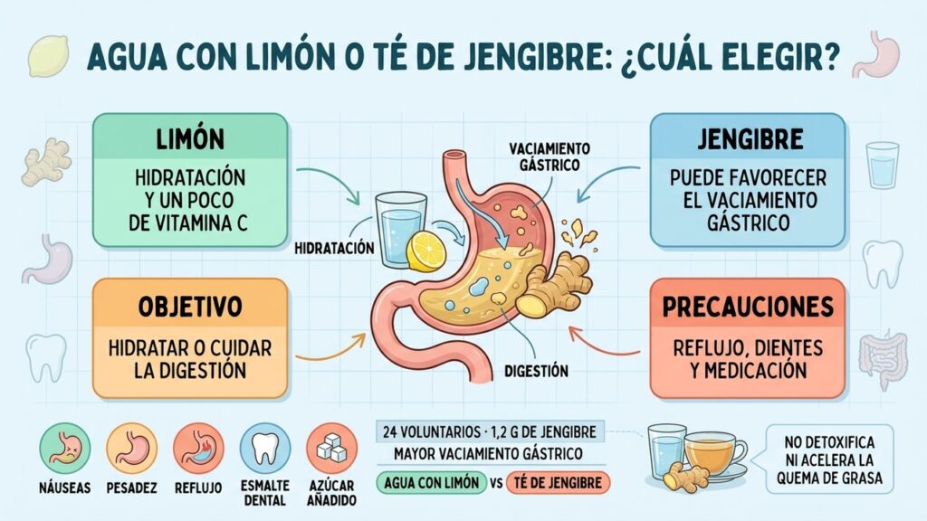 Limón hidrata y el jengibre puede favorecer la digestión, pero ninguno hace milagros.