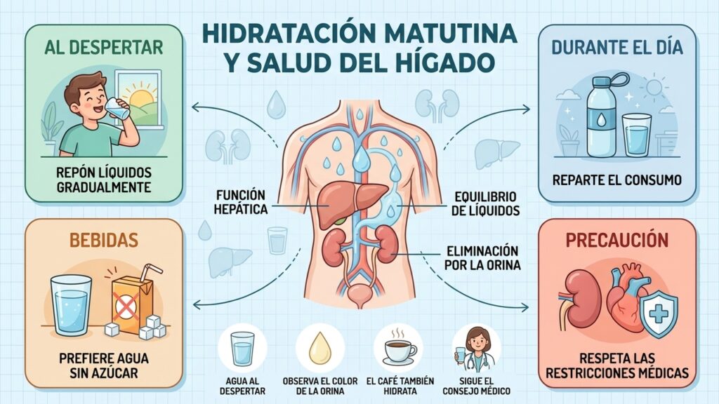 Agua al despertar, consumo repartido y atención a las restricciones médicas favorecen una hidratación adecuada.