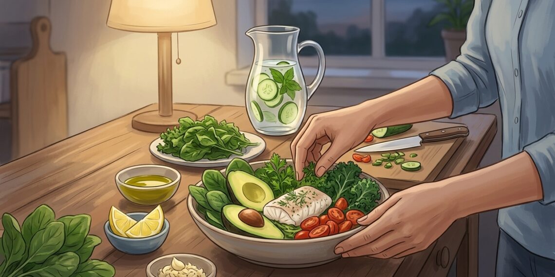 Una cena ligera con pescado y verduras puede formar parte del cuidado diario del hígado.