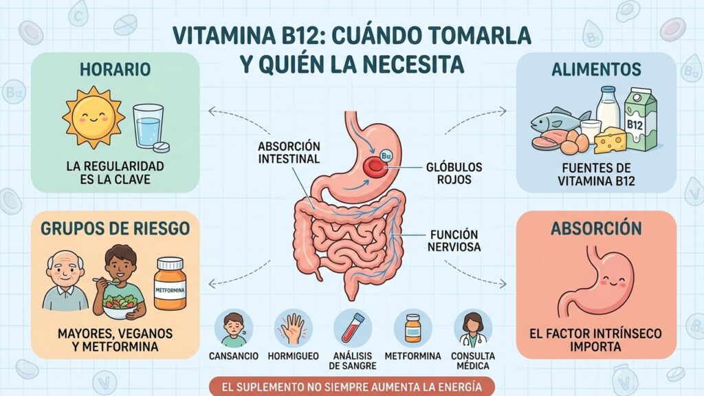 Alimentación, absorción, medicamentos y análisis ayudan a identificar quién necesita vitamina B12 y qué tratamiento requiere.