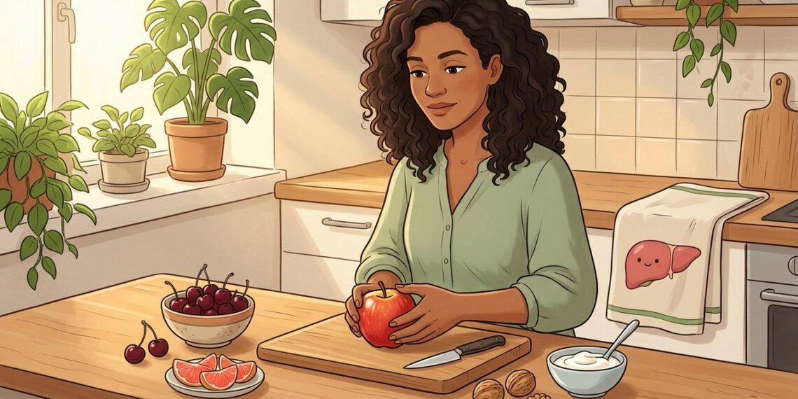 Cerezas, pomelo y manzana entera aportan fibra y pueden encajar en una dieta favorable al hígado.