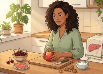 Cerezas, pomelo y manzana entera aportan fibra y pueden encajar en una dieta favorable al hígado.