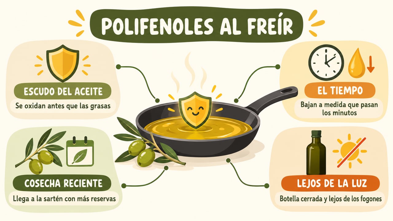 Los polifenoles protegen el aceite al freír, pero se consumen con el calor y el tiempo.