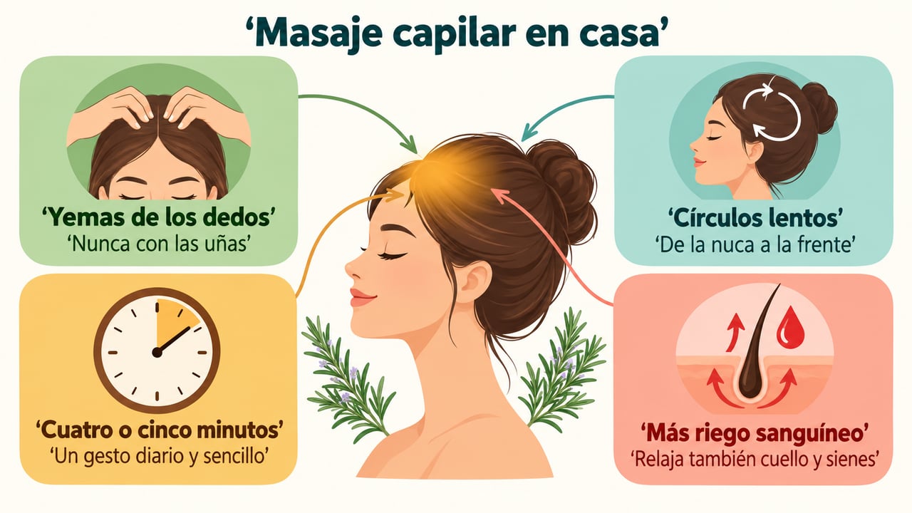 Con las yemas de los dedos y círculos lentos, el masaje capilar estimula el riego del cuero cabelludo.