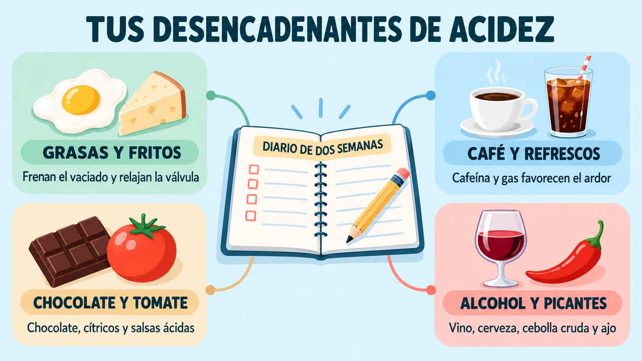Grasas, cafeína, chocolate, tomate y alcohol: los desencadenantes que conviene localizar con un diario.