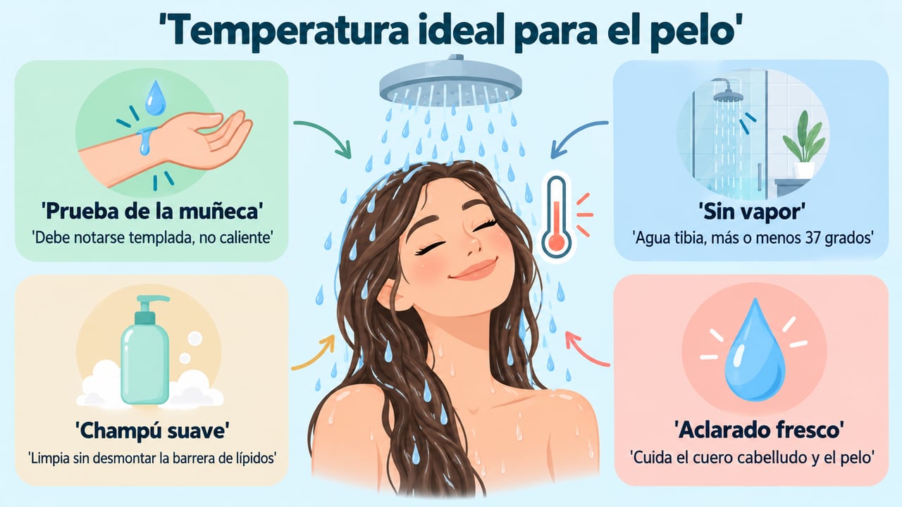 Para el lavado del cabello: agua templada, sin vapor, champú suave y aclarado más fresco.