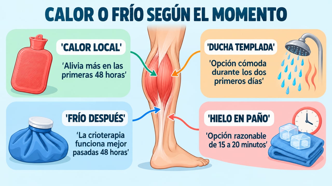 Calor local durante las primeras 48 horas y frío después, según la evidencia disponible sobre agujetas.