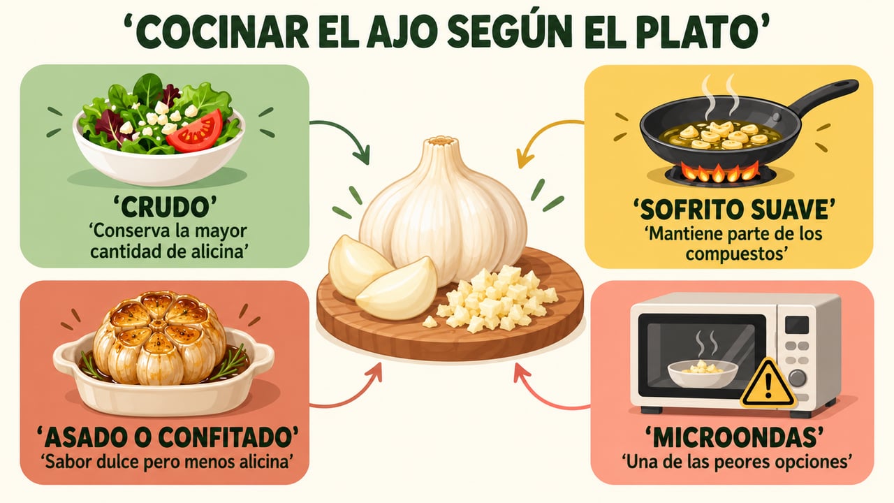 Crudo, sofrito suave, asado o microondas: cada forma de cocinar el ajo conserva distinta cantidad de alicina.