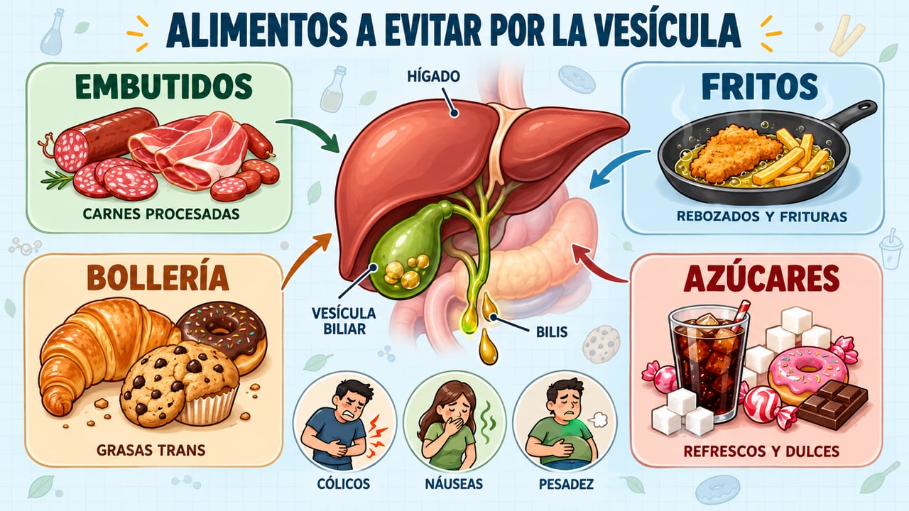 Embutidos, fritos, bollería y azúcares son los cuatro grupos que más conviene limitar para proteger la vesícula.
