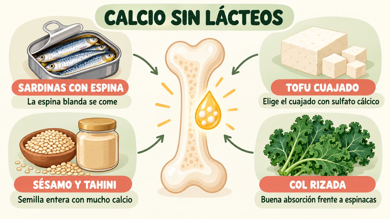 Sardinas con espina, tofu cuajado, sésamo y col rizada, cuatro fuentes de calcio sin lácteos.
