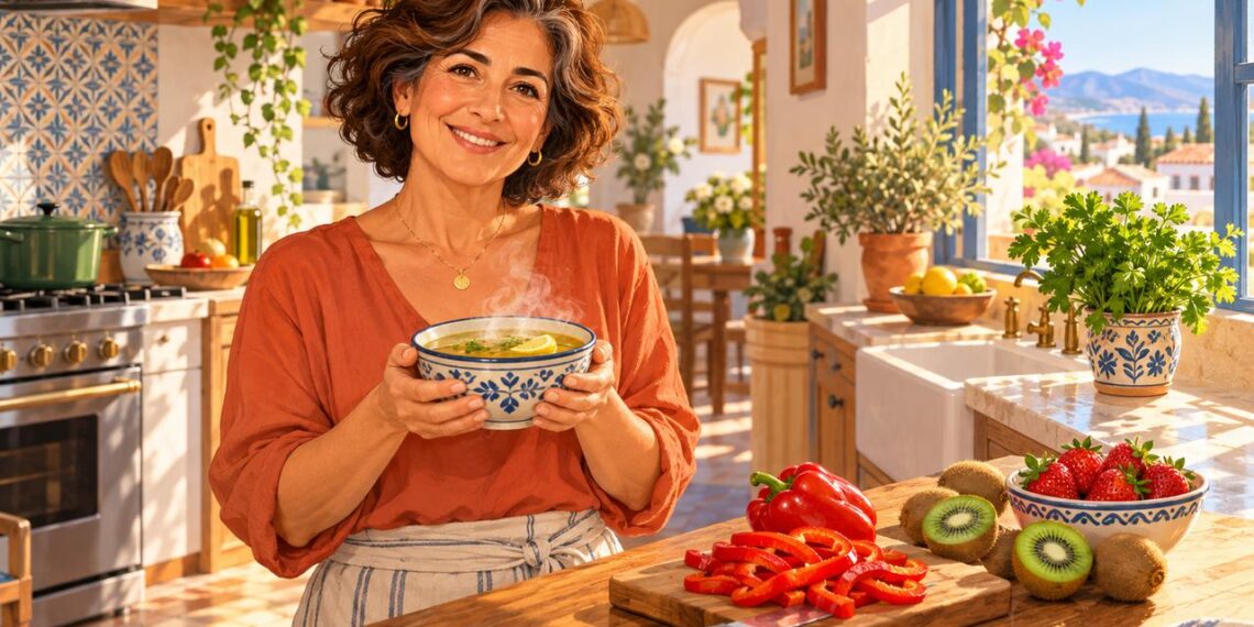 Un cuenco de caldo de huesos con limón y fruta fresca nutre la piel desde la cocina.