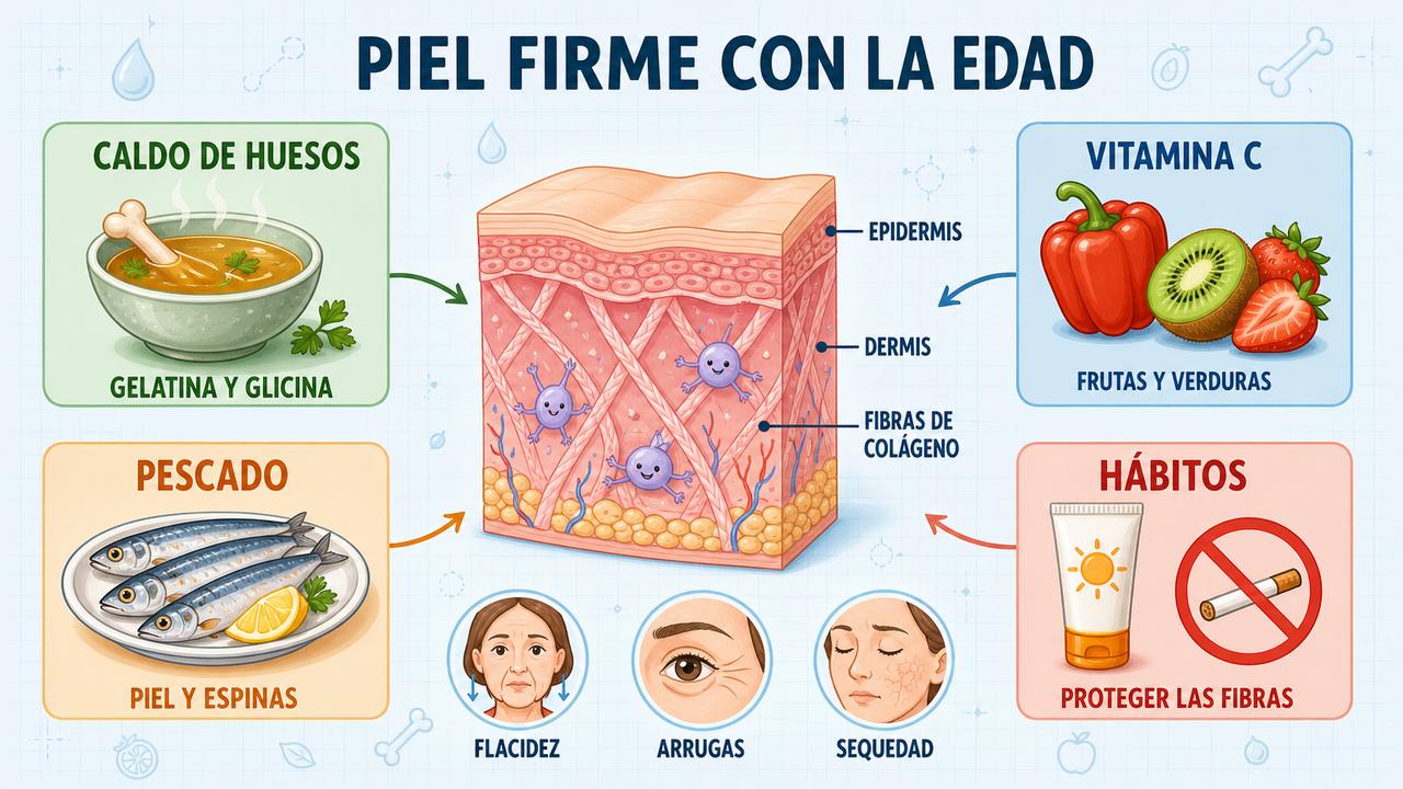 Cuatro pilares para una piel firme: caldo de huesos, vitamina C, pescado y hábitos protectores.