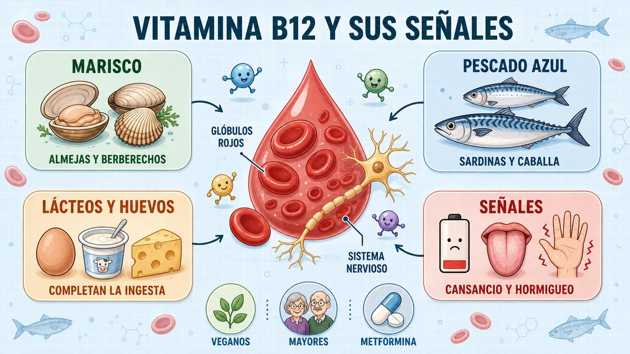 Alimentos ricos en B12 y señales de carencia: cansancio, hormigueo y palidez.