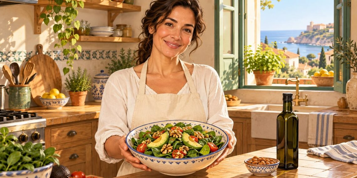 Una ensalada de espinacas con aguacate, nueces y aceite de oliva aporta vitamina E.