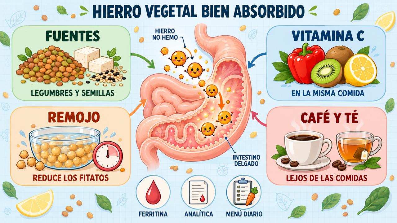 Cuatro claves del hierro vegetal: fuentes variadas, vitamina C, remojo de legumbres y café lejos de las comidas.