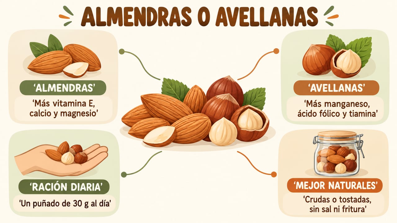 Almendras y avellanas comparadas: aportes de cada una, ración diaria de 30 gramos y mejor forma de consumirlas.