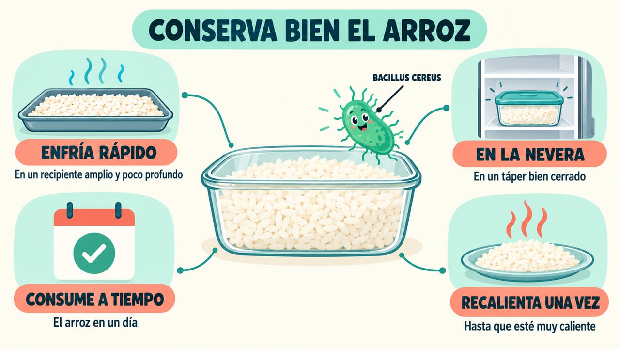 Claves para conservar el arroz cocido sin riesgos: enfriar rápido, guardar en la nevera, consumir a tiempo y recalentar una vez.