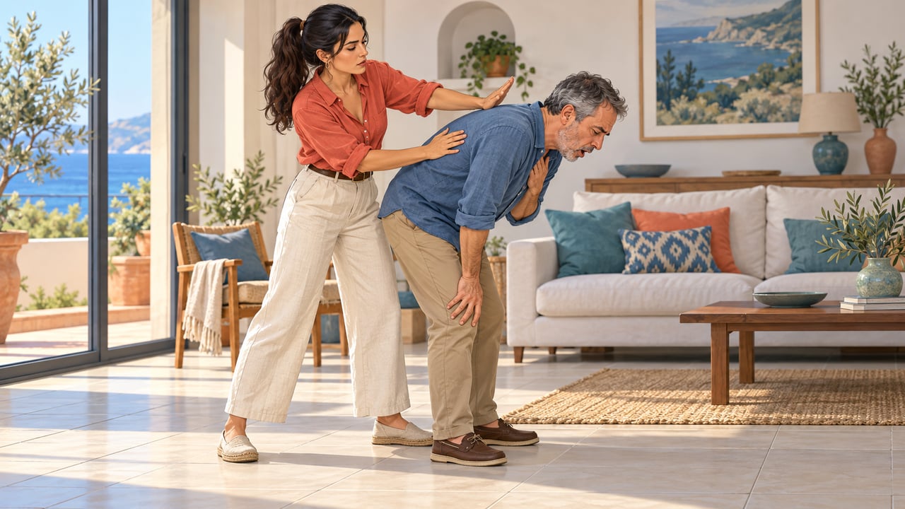Antes de la maniobra de Heimlich, se dan hasta cinco golpes secos entre los omóplatos.