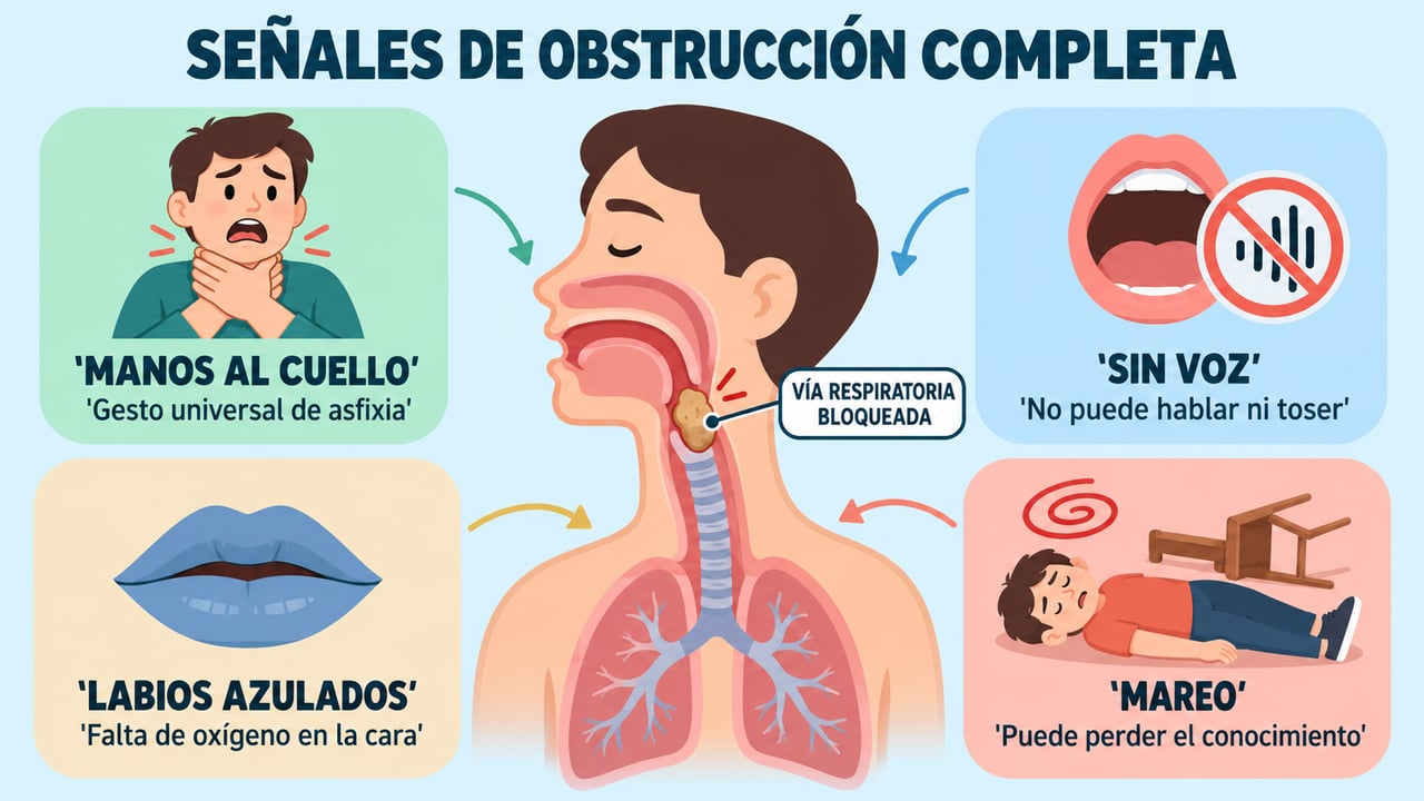 Señales de obstrucción completa: manos al cuello, falta de voz, labios azulados y mareo.