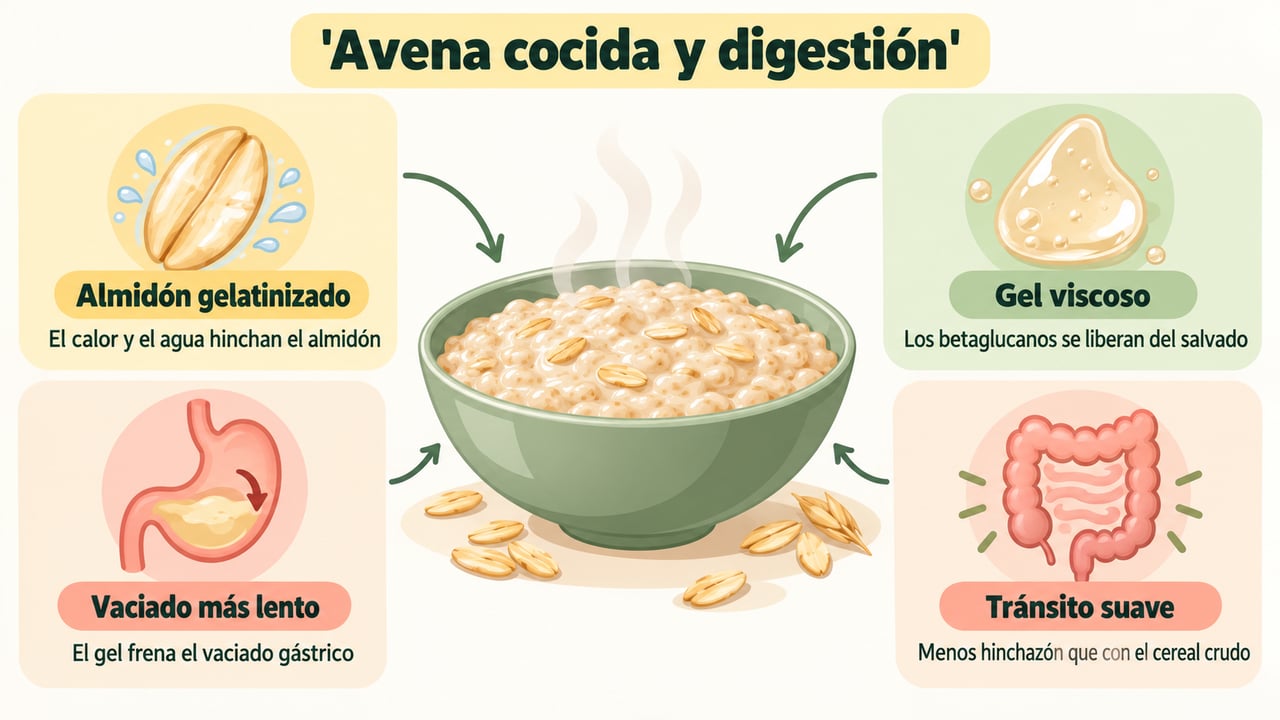 Al cocinar la avena, el almidón se gelatiniza y los betaglucanos forman un gel que suaviza la digestión.