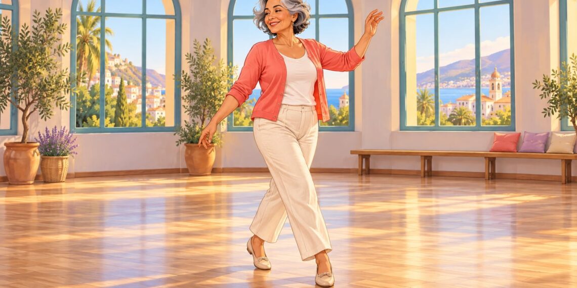 Una mujer mayor baila con alegría en una sala luminosa, ejercitando cuerpo y memoria.