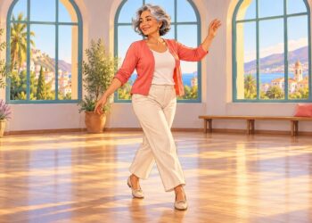 Una mujer mayor baila con alegría en una sala luminosa, ejercitando cuerpo y memoria.