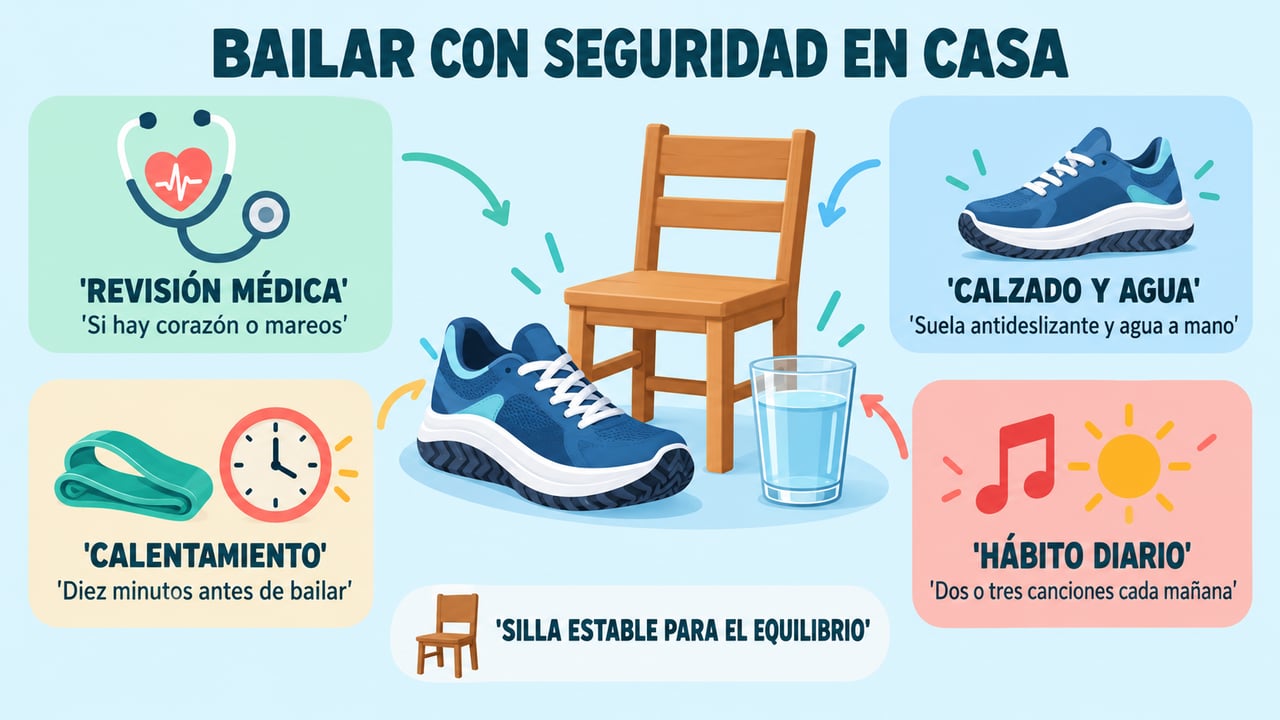 Revisión médica, calzado antideslizante, calentamiento y un hábito diario de 15 minutos para bailar con seguridad.
