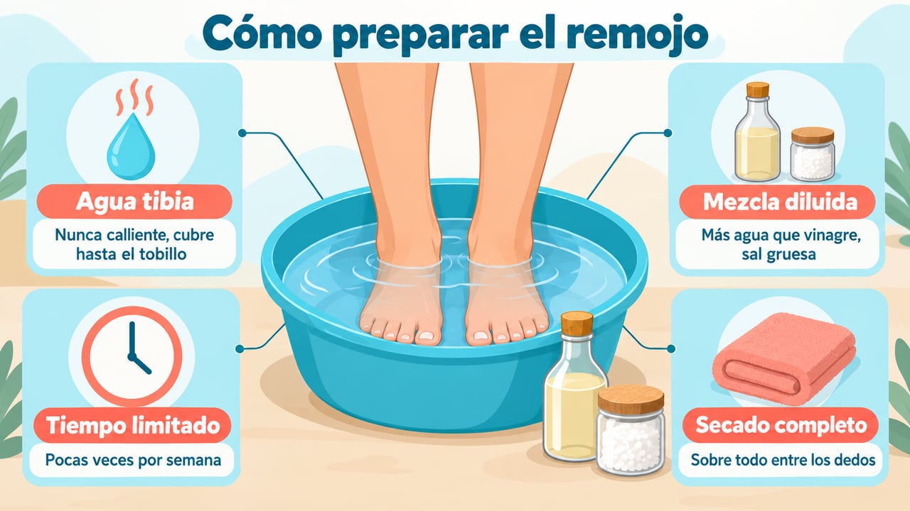 Pautas para preparar el remojo sin irritar: agua tibia, mezcla diluida, poco tiempo y secado completo.