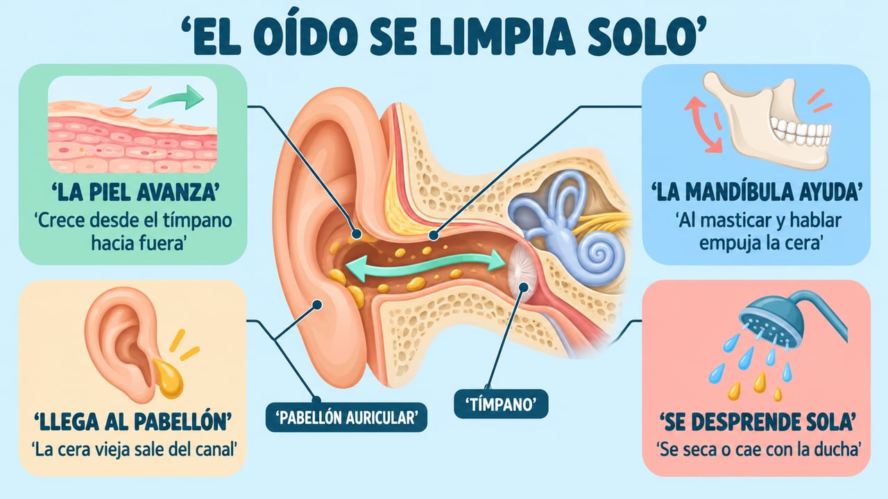 La autolimpieza del oído: la piel avanza, la mandíbula ayuda y la cera sale sola.