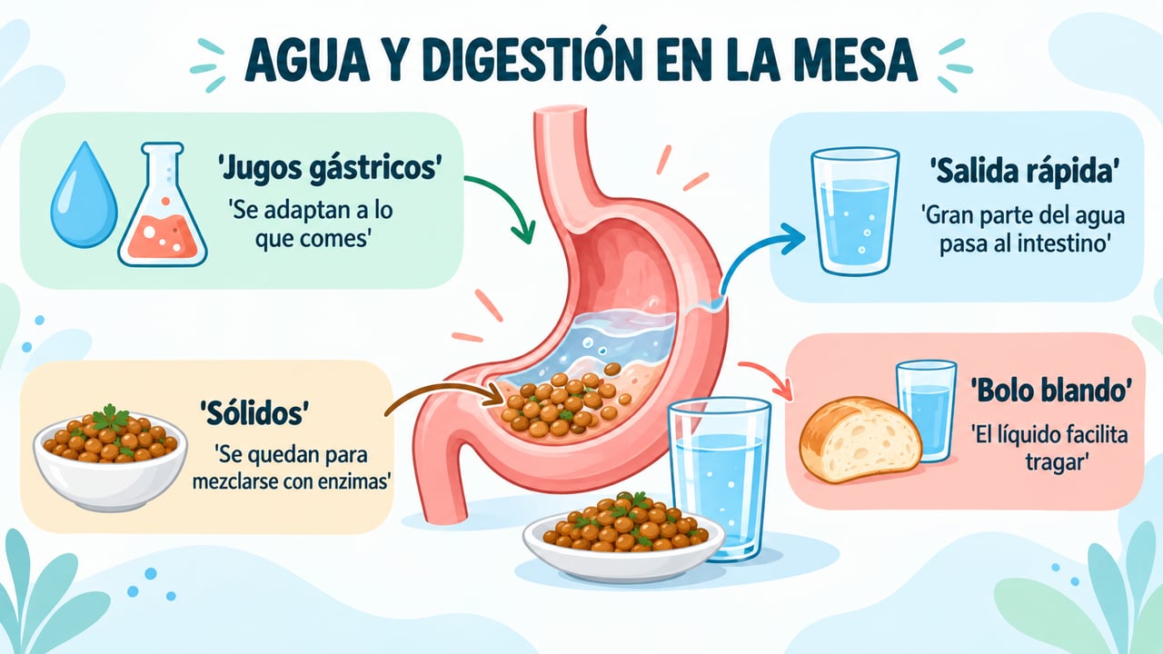 El agua sale deprisa del estómago y no diluye los jugos gástricos relevantes.
